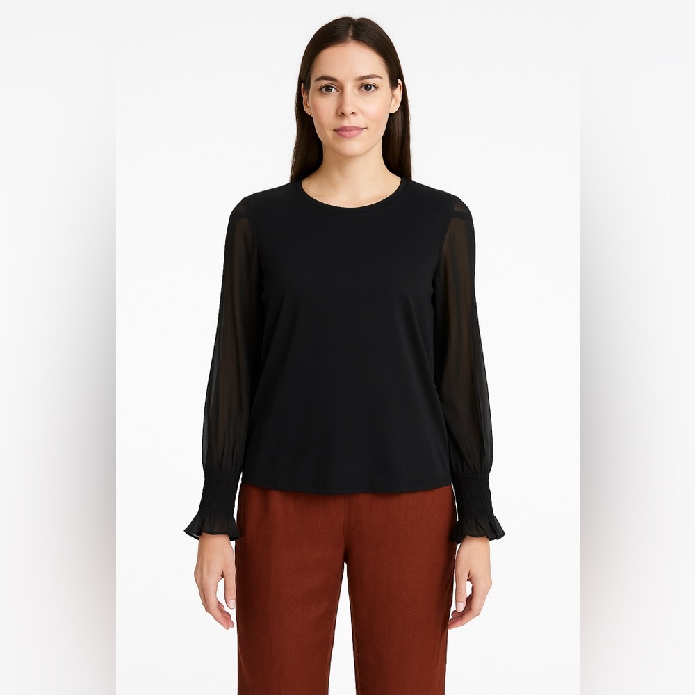 Go by Go Silk Long Sleeve Lined Blouse Smocked Sleeve  L